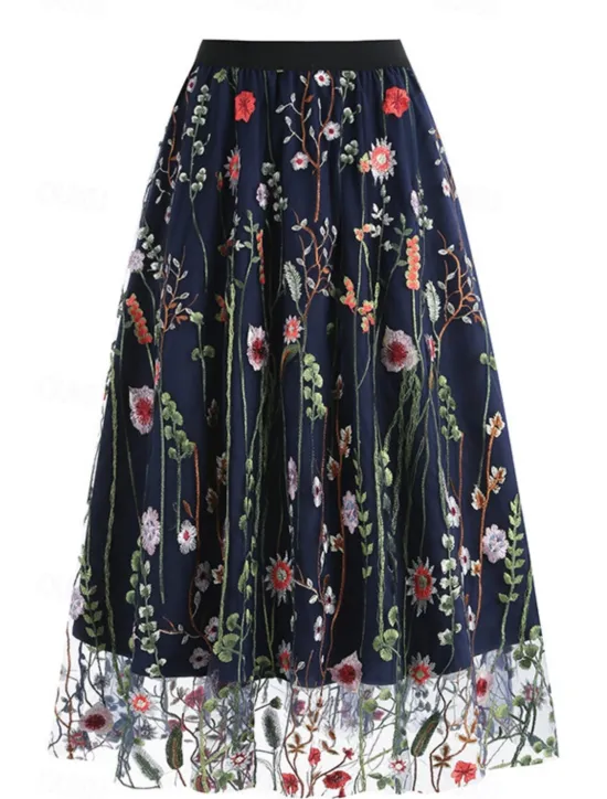 Hot Women's Skirt A Line Elegant Fashion Casual Maxi High Waist Skirts Floral Embroidered Micro-elastic Street Daily Black White Red Blue Summer Polyester Women Skirts