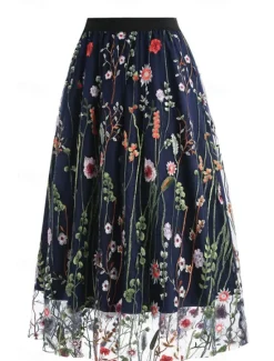 Hot Women's Skirt A Line Elegant Fashion Casual Maxi High Waist Skirts Floral Embroidered Micro-elastic Street Daily Black White Red Blue Summer Polyester Women Skirts