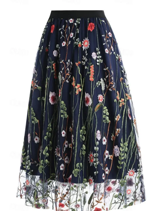Hot Women's Skirt A Line Elegant Fashion Casual Maxi High Waist Skirts Floral Embroidered Micro-elastic Street Daily Black White Red Blue Summer Polyester Women Skirts