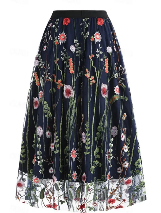 Hot Women's Skirt A Line Elegant Fashion Casual Maxi High Waist Skirts Floral Embroidered Micro-elastic Street Daily Black White Red Blue Summer Polyester Women Skirts
