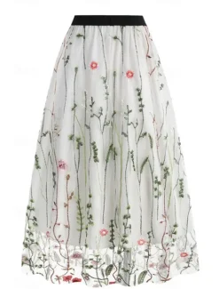 Hot Women's Skirt A Line Elegant Fashion Casual Maxi High Waist Skirts Floral Embroidered Micro-elastic Street Daily Black White Red Blue Summer Polyester Women Skirts