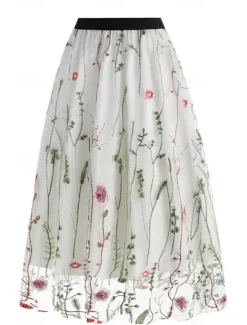 Hot Women's Skirt A Line Elegant Fashion Casual Maxi High Waist Skirts Floral Embroidered Micro-elastic Street Daily Black White Red Blue Summer Polyester Women Skirts