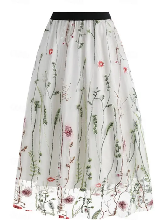 Hot Women's Skirt A Line Elegant Fashion Casual Maxi High Waist Skirts Floral Embroidered Micro-elastic Street Daily Black White Red Blue Summer Polyester Women Skirts