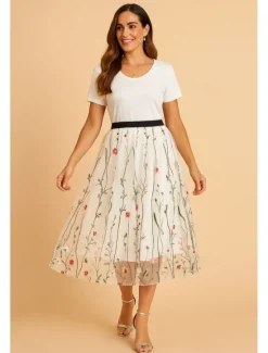 Hot Women's Skirt A Line Elegant Fashion Casual Maxi High Waist Skirts Floral Embroidered Micro-elastic Street Daily Black White Red Blue Summer Polyester Women Skirts
