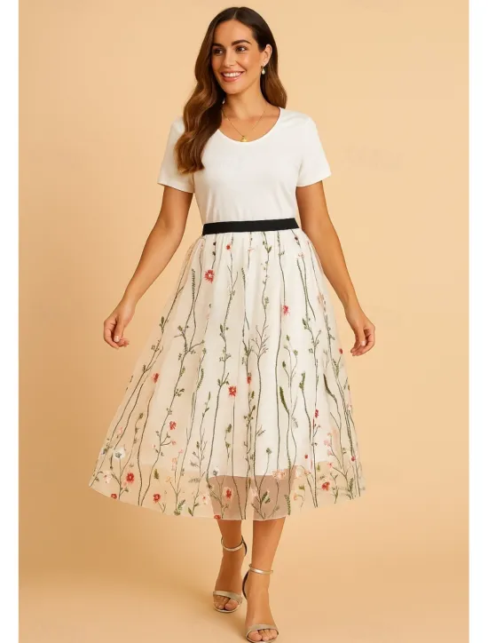 Hot Women's Skirt A Line Elegant Fashion Casual Maxi High Waist Skirts Floral Embroidered Micro-elastic Street Daily Black White Red Blue Summer Polyester Women Skirts
