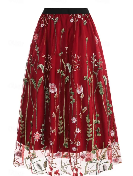 Hot Women's Skirt A Line Elegant Fashion Casual Maxi High Waist Skirts Floral Embroidered Micro-elastic Street Daily Black White Red Blue Summer Polyester Women Skirts