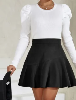 Best Women's Skirt A Line Elegant Fashion Casual Mini High Waist Skirts Solid Colored Ruched Vacation Street Black Brown Beige Spring & Summer Corduroy Women Skirts