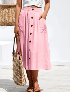 Clearance Women's Skirt A Line Fashion Casual Midi High Waist Skirts Plain Micro-elastic Street Daily Black Yellow Pink Navy Blue Summer Polyester Women Skirts