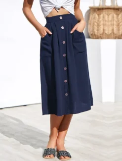 Clearance Women's Skirt A Line Fashion Casual Midi High Waist Skirts Plain Micro-elastic Street Daily Black Yellow Pink Navy Blue Summer Polyester Women Skirts