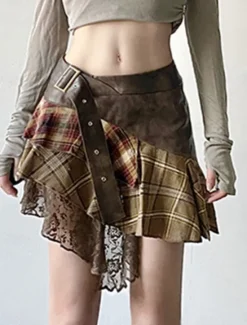Outlet Women's Skirt A Line Fashion Casual Mini High Waist Skirts Plaid Irregular Hem Micro-elastic Street Daily Summer Polyester Women Skirts