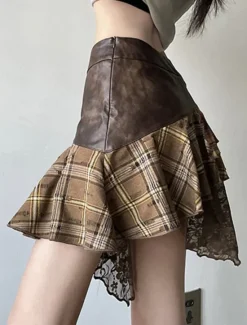 Outlet Women's Skirt A Line Fashion Casual Mini High Waist Skirts Plaid Irregular Hem Micro-elastic Street Daily Summer Polyester Women Skirts