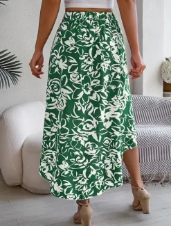 Best Women's Skirt A Line Fashion Casual Maxi High Waist Skirts Floral Ruffle Pocket Print Micro-elastic Street Daily Fuchsia Green Light Blue Summer Polyester Women Skirts