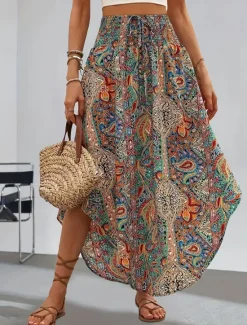 Best Women's Skirt A Line Fashion Casual Maxi High Waist Skirts Geometric Print Micro-elastic Street Daily Black Green Summer Polyester Women Skirts