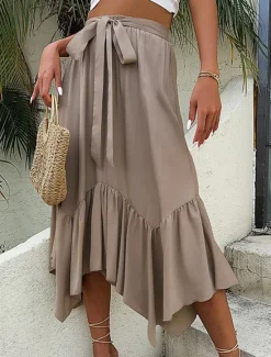 Hot Women's Skirt A Line Fashion Casual Maxi High Waist Skirts Plain Ruffle Micro-elastic Street Daily Summer Polyester Women Skirts