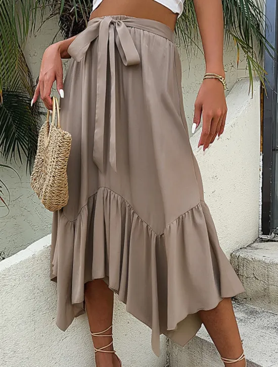Hot Women's Skirt A Line Fashion Casual Maxi High Waist Skirts Plain Ruffle Micro-elastic Street Daily Summer Polyester Women Skirts