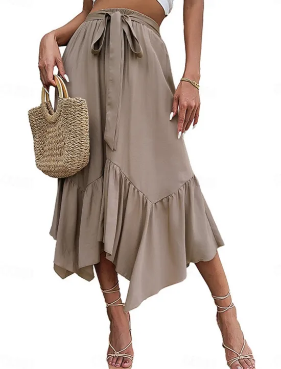Hot Women's Skirt A Line Fashion Casual Maxi High Waist Skirts Plain Ruffle Micro-elastic Street Daily Summer Polyester Women Skirts