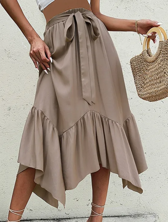 Hot Women's Skirt A Line Fashion Casual Maxi High Waist Skirts Plain Ruffle Micro-elastic Street Daily Summer Polyester Women Skirts