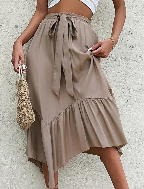 Hot Women's Skirt A Line Fashion Casual Maxi High Waist Skirts Plain Ruffle Micro-elastic Street Daily Summer Polyester Women Skirts