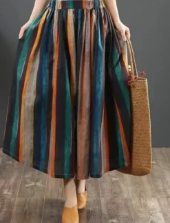 Hot Women's Skirt A Line Fashion Casual Maxi High Waist Skirts Striped Pocket Print Micro-elastic Street Daily Summer Polyester Women Skirts
