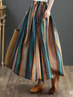 Hot Women's Skirt A Line Fashion Casual Maxi High Waist Skirts Striped Pocket Print Micro-elastic Street Daily Summer Polyester Women Skirts