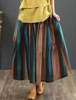 Hot Women's Skirt A Line Fashion Casual Maxi High Waist Skirts Striped Pocket Print Micro-elastic Street Daily Summer Polyester Women Skirts