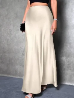 Hot Women's Skirt A Line Fashion Casual Maxi High Waist Skirts Solid Colored Micro-elastic Street Daily Apricot Black Grey Winter Satin Polyester Women Skirts