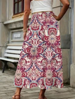 Clearance Women's Skirt A Line Fashion Casual Midi Mid Waist Skirts Geometric Print Micro-elastic Street Daily Wine Yellow Summer Polyester Women Skirts