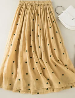 Best Women's Skirt A Line Fashion Casual Maxi High Waist Skirts Polka Dot Print Casual Daily Weekend Yellow Navy Blue Brown Green Summer Cotton And Linen Women Dresses