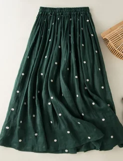 Best Women's Skirt A Line Fashion Casual Maxi High Waist Skirts Polka Dot Print Casual Daily Weekend Yellow Navy Blue Brown Green Summer Cotton And Linen Women Dresses