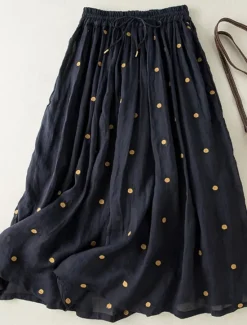 Best Women's Skirt A Line Fashion Casual Maxi High Waist Skirts Polka Dot Print Casual Daily Weekend Yellow Navy Blue Brown Green Summer Cotton And Linen Women Dresses