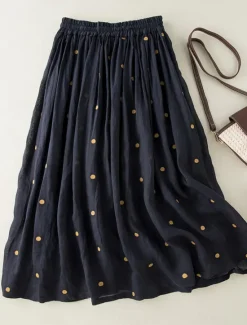 Best Women's Skirt A Line Fashion Casual Maxi High Waist Skirts Polka Dot Print Casual Daily Weekend Yellow Navy Blue Brown Green Summer Cotton And Linen Women Dresses