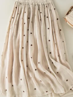 Best Women's Skirt A Line Fashion Casual Maxi High Waist Skirts Polka Dot Print Casual Daily Weekend Yellow Navy Blue Brown Green Summer Cotton And Linen Women Dresses