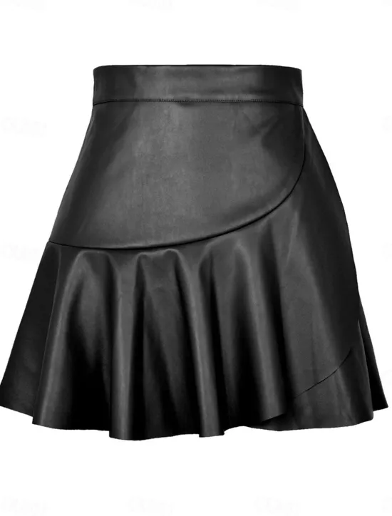 Clearance Women's Skirt A Line Fashion Sexy Mini High Waist Skirts Solid Colored Ruffle Street Daily Black Brown Summer Faux Leather Leather Women Skirts