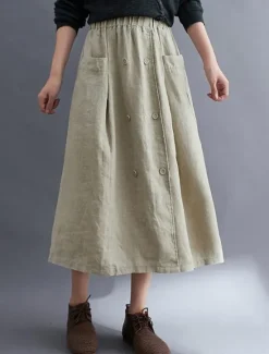 Outlet Women's Skirt A Line Long Skirt Linen Skirts coastal grandma style Basic Casual Long Midi Skirts Solid Colored Pocket Split Ends Street Daily Black Brown Green Apricot Spring & Summer Cotton Linen Women Skirts