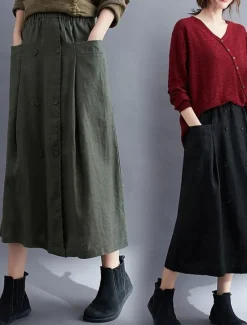 Outlet Women's Skirt A Line Long Skirt Linen Skirts coastal grandma style Basic Casual Long Midi Skirts Solid Colored Pocket Split Ends Street Daily Black Brown Green Apricot Spring & Summer Cotton Linen Women Skirts