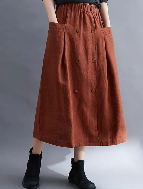Outlet Women's Skirt A Line Long Skirt Linen Skirts coastal grandma style Basic Casual Long Midi Skirts Solid Colored Pocket Split Ends Street Daily Black Brown Green Apricot Spring & Summer Cotton Linen Women Skirts