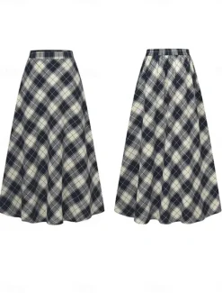 New Women's Skirt A Line Maxi Skirts Pocket Print Plaid Street Daily Winter Fashion Casual Camel Black Blue Women Skirts