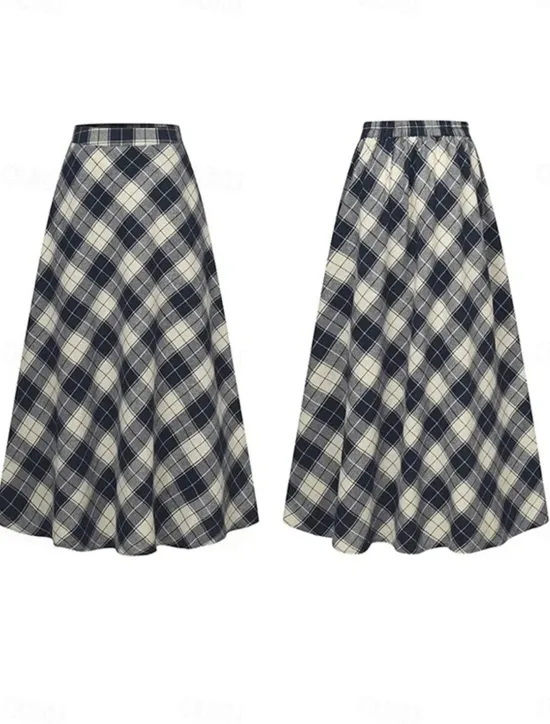 New Women's Skirt A Line Maxi Skirts Pocket Print Plaid Street Daily Winter Fashion Casual Camel Black Blue Women Skirts