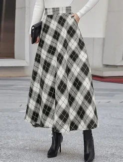 New Women's Skirt A Line Maxi Skirts Pocket Print Plaid Street Daily Winter Fashion Casual Camel Black Blue Women Skirts