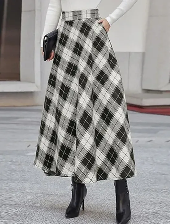 New Women's Skirt A Line Maxi Skirts Pocket Print Plaid Street Daily Winter Fashion Casual Camel Black Blue Women Skirts