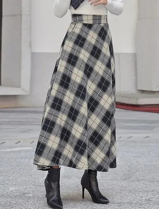 New Women's Skirt A Line Maxi Skirts Pocket Print Plaid Street Daily Winter Fashion Casual Camel Black Blue Women Skirts