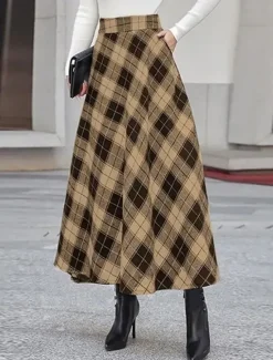 New Women's Skirt A Line Maxi Skirts Pocket Print Plaid Street Daily Winter Fashion Casual Camel Black Blue Women Skirts