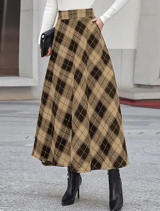 New Women's Skirt A Line Maxi Skirts Pocket Print Plaid Street Daily Winter Fashion Casual Camel Black Blue Women Skirts