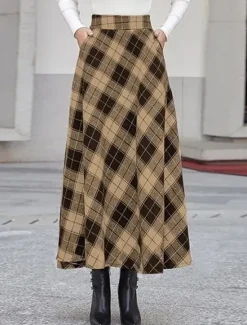 New Women's Skirt A Line Maxi Skirts Pocket Print Plaid Street Daily Winter Fashion Casual Camel Black Blue Women Skirts