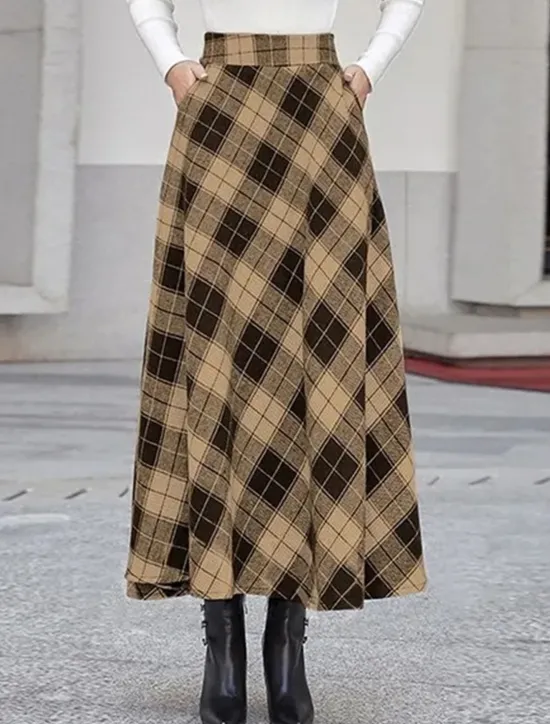 New Women's Skirt A Line Maxi Skirts Pocket Print Plaid Street Daily Winter Fashion Casual Camel Black Blue Women Skirts