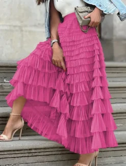 Women's Skirt A Line Maxi Skirts Ruffle Layered Solid Colored Street Daily Winter Fashion Casual White Fuchsia Women Skirts