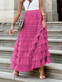 Women's Skirt A Line Maxi Skirts Ruffle Layered Solid Colored Street Daily Winter Fashion Casual White Fuchsia Women Skirts