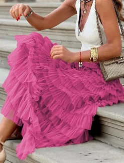 Women's Skirt A Line Maxi Skirts Ruffle Layered Solid Colored Street Daily Winter Fashion Casual White Fuchsia Women Skirts