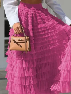 Women's Skirt A Line Maxi Skirts Ruffle Layered Solid Colored Street Daily Winter Fashion Casual White Fuchsia Women Skirts