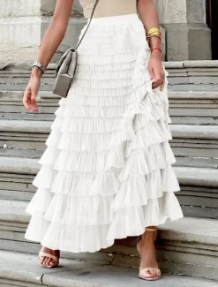 Women's Skirt A Line Maxi Skirts Ruffle Layered Solid Colored Street Daily Winter Fashion Casual White Fuchsia Women Skirts